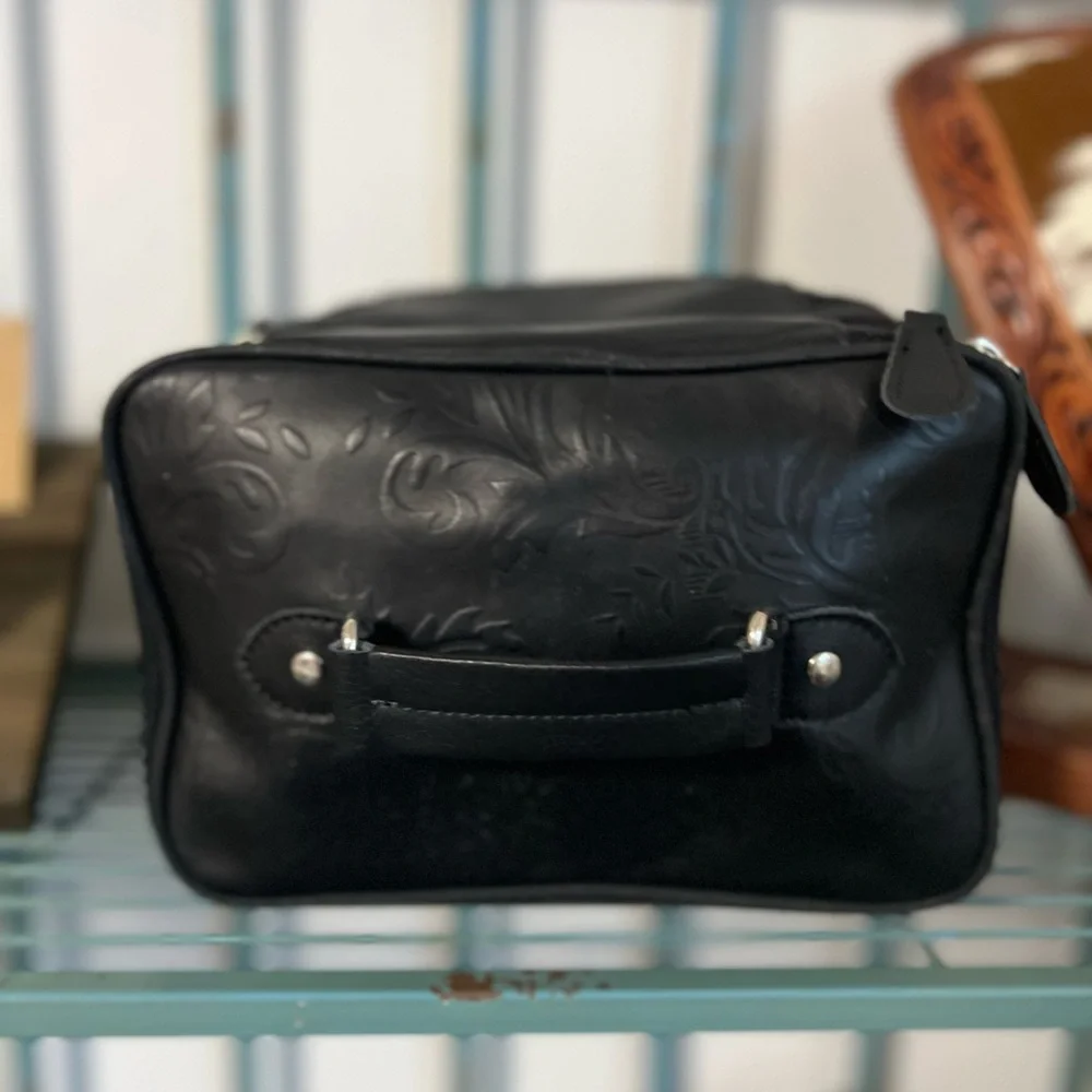 Black White Genuine Cowhide Embossed Leather Makeup Bag Travel Cosmetic Case